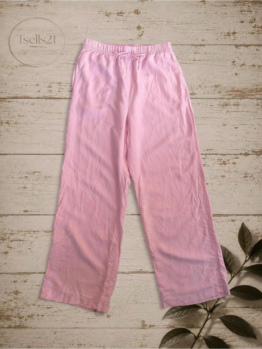 H&M Light Pink Wide-Leg Linen Blend Pants - Size S
